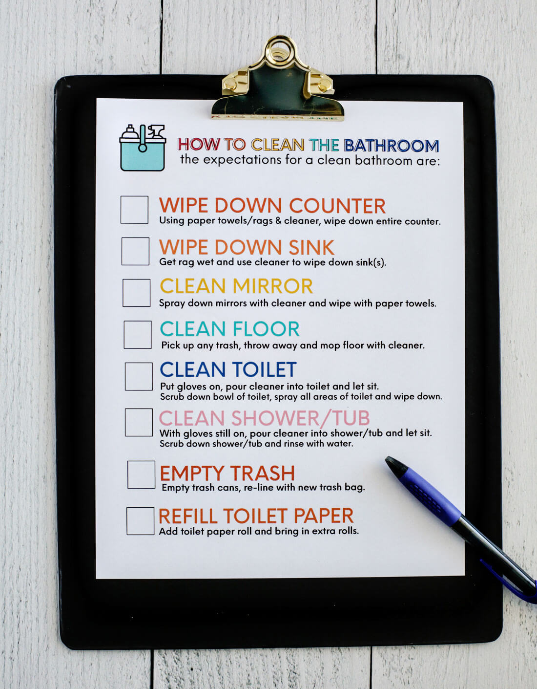 Teach kids how to clean bathroom with these colorful printables