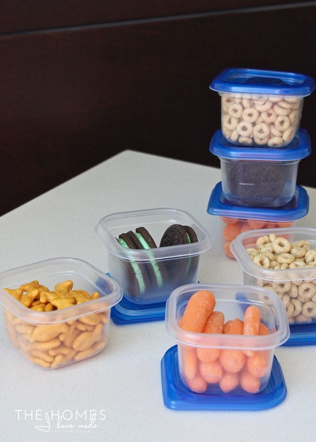 Make single serving snacks using mini Ziplock plastic containers.