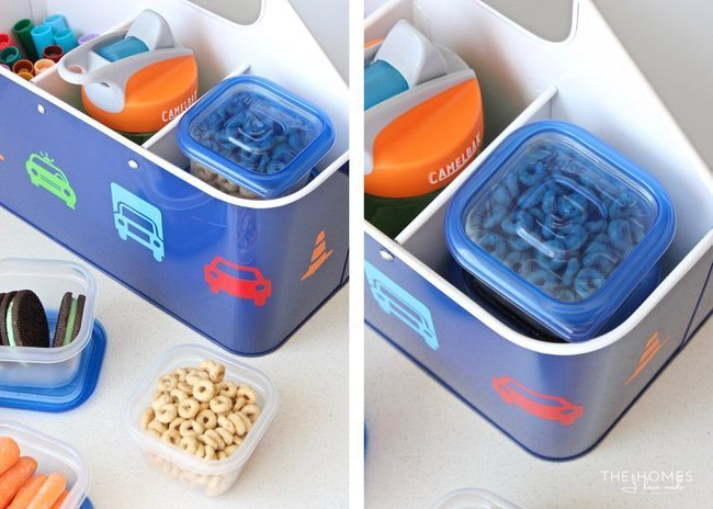 Make single serving snacks using mini Ziplock plastic containers.