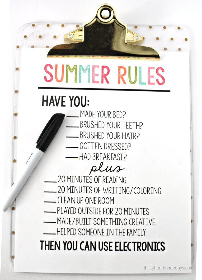 Printable Summer Rules via www.thirtyhandmadedays.com - help get kids on track and stay off electronics. 