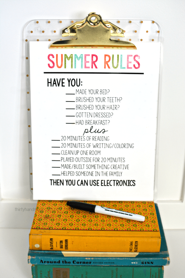 Printable Summer Rules from www.thirtyhandmadedays.com - help get kids on track and stay off electronics. 