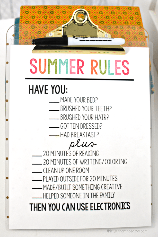 Printable Summer Rules www.thirtyhandmadedays.com - help get kids on track and stay off electronics. 