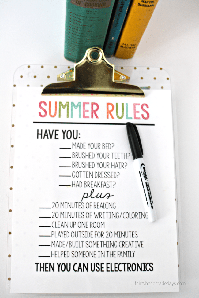 Printable Summer Rules via thirtyhandmadedays.com - help get kids on track and stay off electronics. 