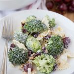 Lightened Up Creamy Broccoli & Grape Pasta Salad is a Classic Broccoli Salad lightened up with Greek Yogurt and sweetened with honey and grapes - this is the perfect side dish any time of the year