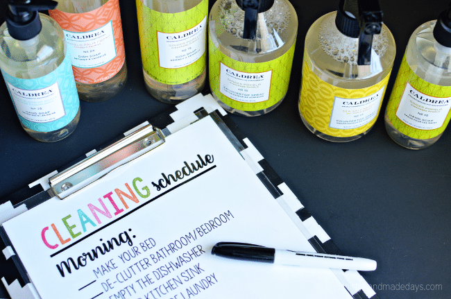 Printable Cleaning Schedule - simple way to keep on top of daily chores. Use a dry erase marker to check each item off each day. from ww.thirtyhandmadedays.com