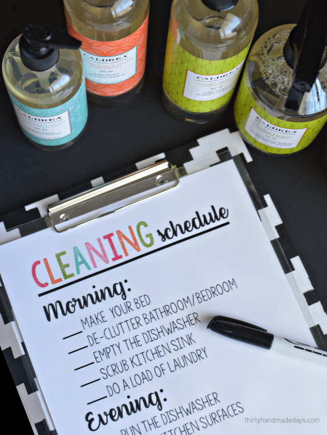 Printable Cleaning Schedule -easy way to keep track of daily jobs and check off. With Caldrea deal from Grove Collaborative from ww.thirtyhandmadedays.com