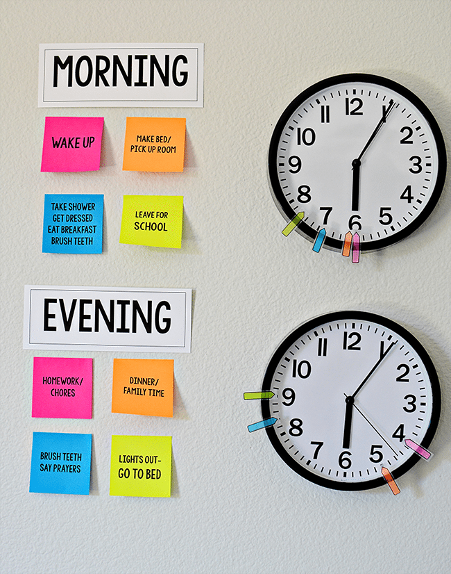 Make your own visual reminders for Kids Daily Routines - perfect for back to school! With Post It Notes with free printables from thirtyhandmadedays.com