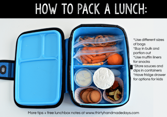 How to pack a lunch - Lunch box ideas your kids will love! Includes free printable lunchbox notes from www.thirtyhandmadedays.com