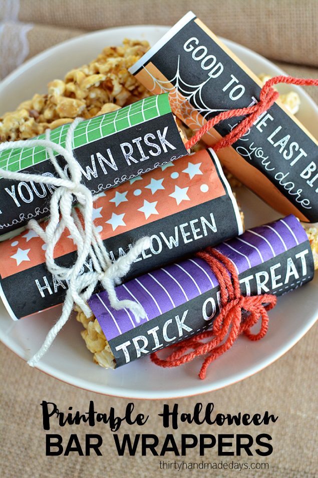 Super cute printable Halloween wrappers to use for treats for the holiday. From www.thirtyhandmadedays.com