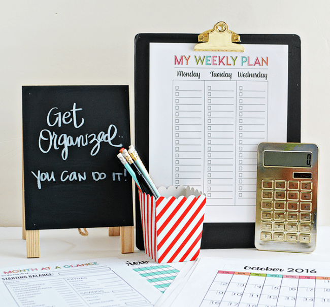 Get Organized with 30 printable pages- full of budgeting, a calendar and checklists. From thirtyhandmadedays.com