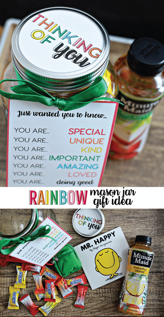 Rainbow Mason Jar Gift Idea - the perfect thing to give to someone who is doing a good job. Free printables included! From www.thirtyhandmadedays.com