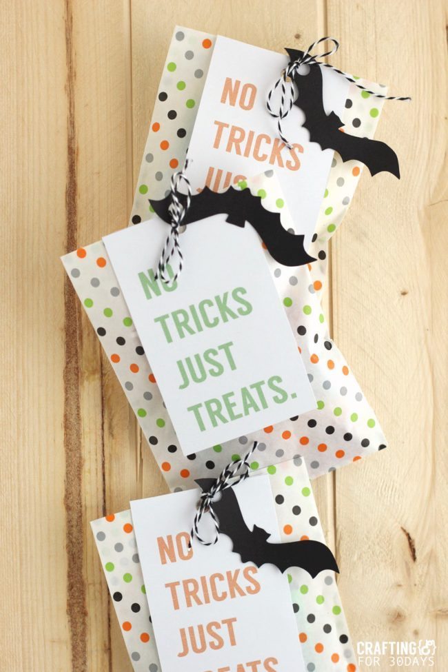 Brightly colored and cute Printable Halloween Treat Tag - you could fill these up with all kinds of goodies for the holiday! From CraftingE for www.thirtyhandmadedays.com