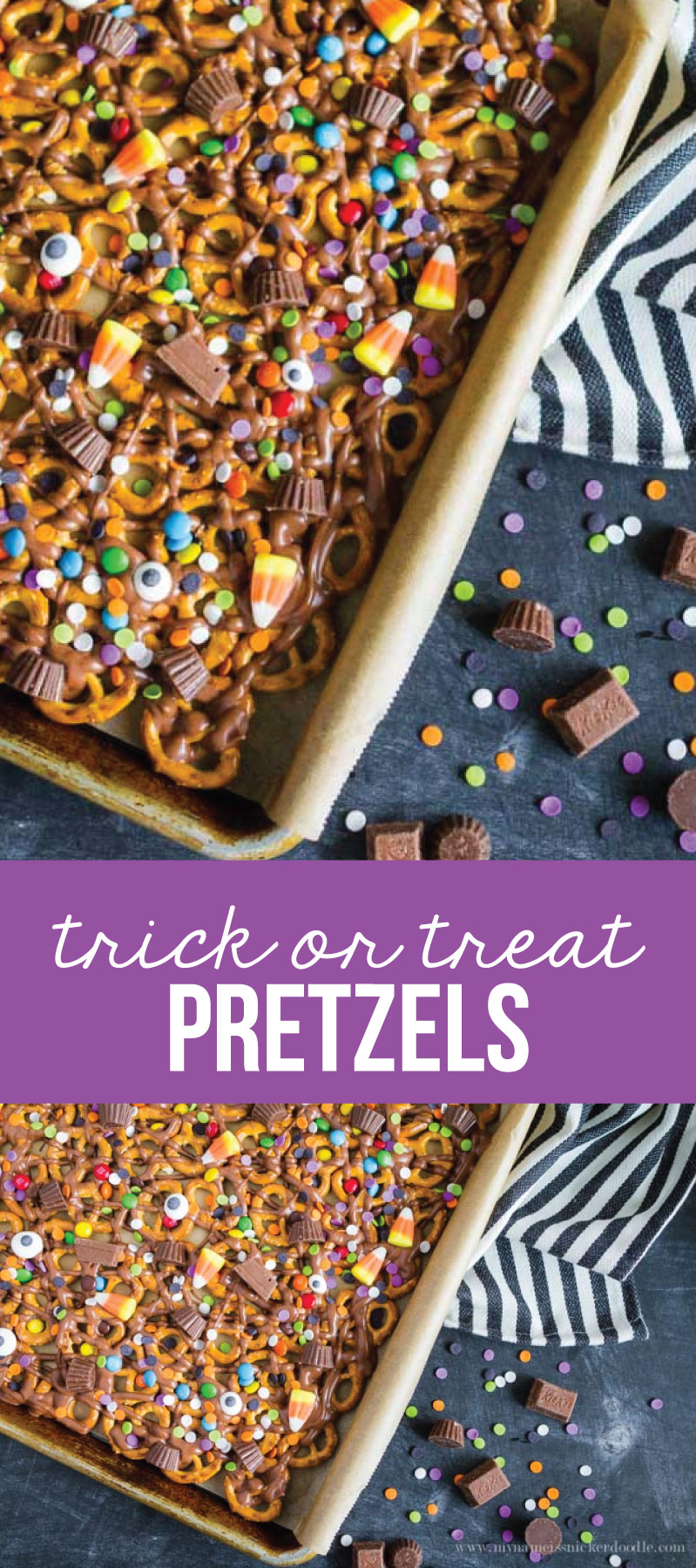 Trick or Treat Candy Pretzels - fun Halloween treats! Use up that leftover candy too. via www.thirtyhandmadedays.com