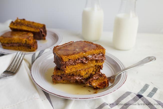 Nutella Stuffed Pumpkin French Toast - an amazing spin on an old classic. You definitely need to try this recipe this fall! via www.thirtyhandmadedays.com from My Name is Snickerdoodle