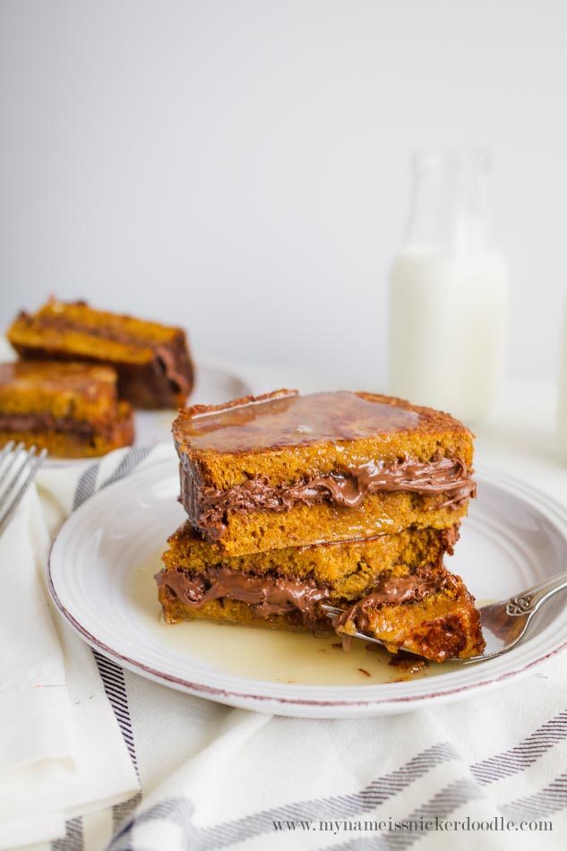 Nutella Stuffed Pumpkin French Toast - an amazing spin on an old classic. You definitely need to try this recipe this fall! via thirtyhandmadedays.com from My Name is Snickerdoodle