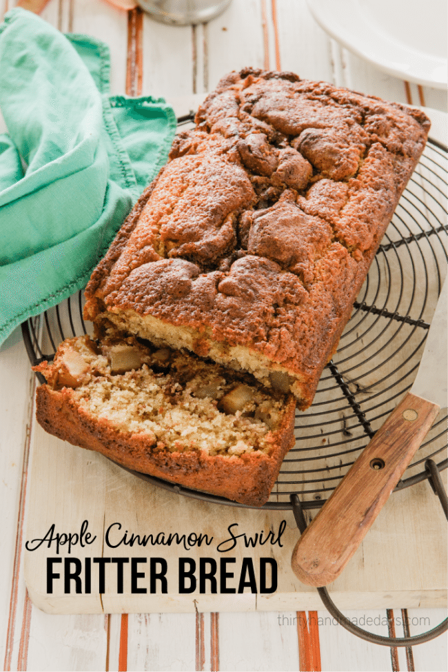 Food and Drink: Apple Swirl Cinnamon Fritter Quick Bread - an amazing quick bread for the fall. You will love this one from thirtyhandmadedays.com