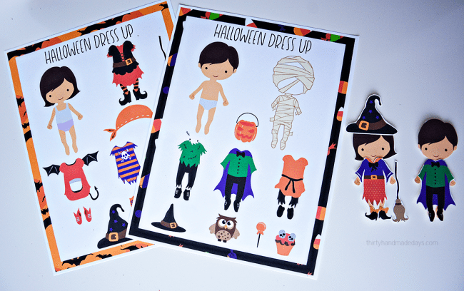 Printable Halloween Dress Up Dolls- these are adorable to use for the holidays! via www.thirtyhandmadedays.com