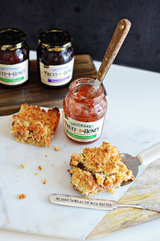 Strawberry Jalapeno Oat Crumble Bars - an amazing recipe from Iceland using Smuckers Fruit & Honey Jam from thirtyhandmadedays.com