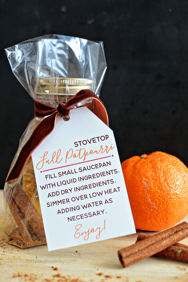 Fall Stovetop Potpourri - make your home smell delicious with this easy to make potpourri with free printable tags included! from www.thirtyhandmadedays.com