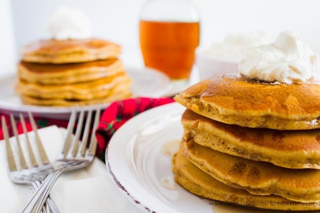 Perfect breakfast recipe for gingerbread pancakes. Top with whipped cream and syrup!