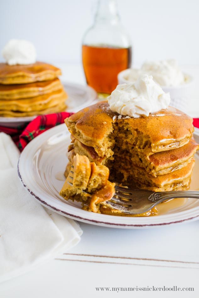 Perfect breakfast recipe for gingerbread pancakes. Top with whipped cream and syrup!