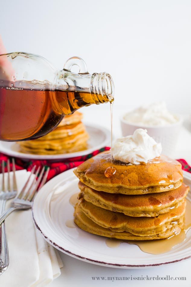 Perfect breakfast recipe for gingerbread pancakes. Top with whipped cream and syrup!