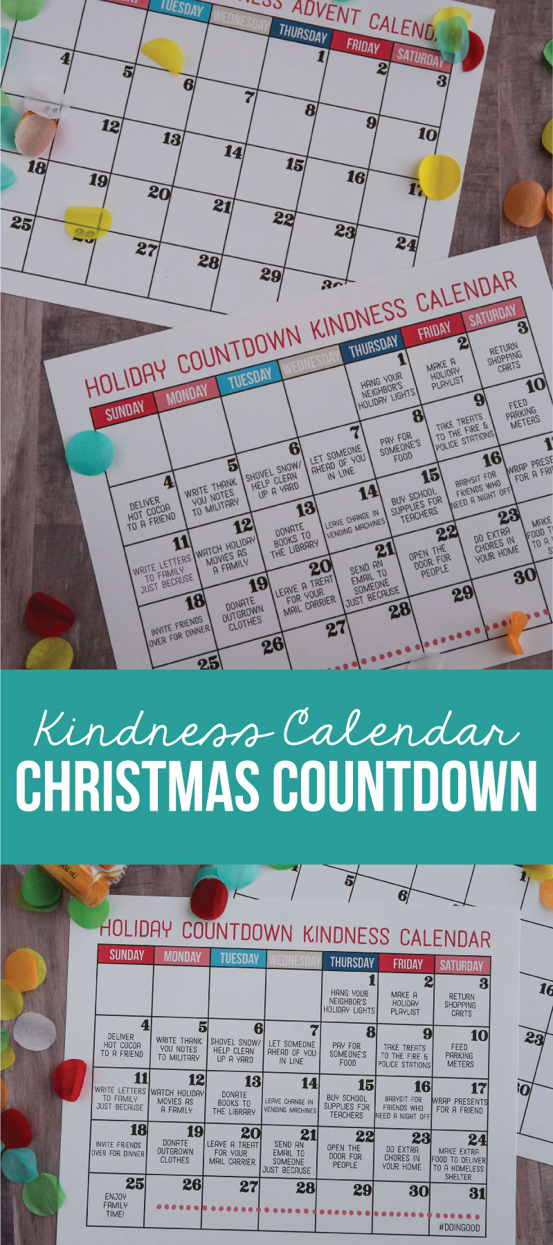Kindness Calendar Christmas Countdown - use this calendar to celebrate the holidays with random acts of kindness throughout the month. www.thirtyhandmadedays.com