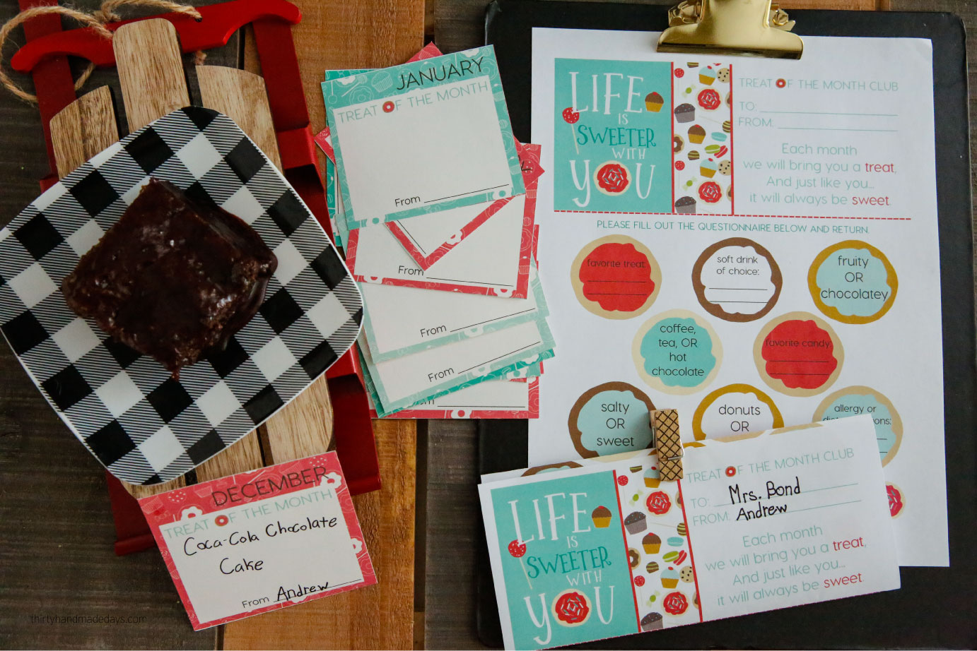 Treat of the Month Club - a sweet gift idea to celebrate someone throughout the year. Perfect for the holidays and Christmas! via www.thirtyhandmadedays.com