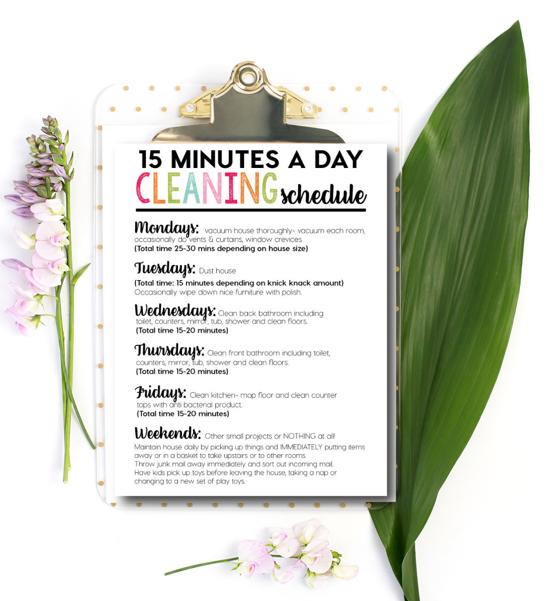 Printable 15 Minute a Day Daily Cleaning Schedule - download and print to get on top of your cleaning!