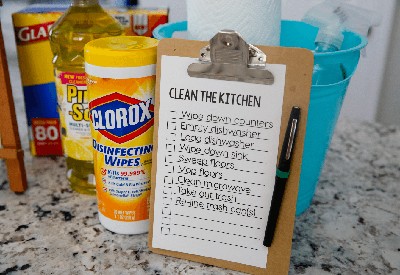 How to Clean the Kitchen - teach your kids how to clean the kitchen with a simple printable checklist from thirtyhandmadedays.com
