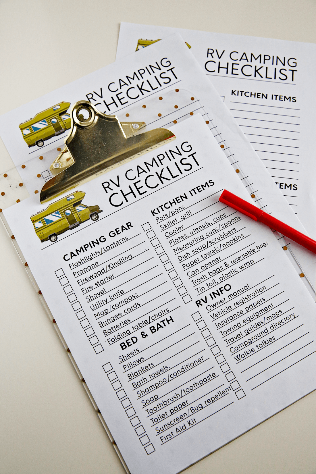 Printable RVing checklists to help make RVing easier! Use these for your next RV trip. Perfect for summer vacation! from www.thirtyhandmadedays.com