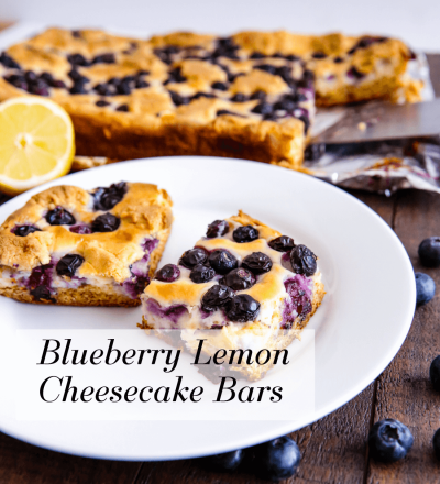 Food: Blueberry Lemon Cheesecake Bars - try this simple and delicious recipe! You'll have a hard time stopping at one piece. from www.thirtyhandmadedays.com