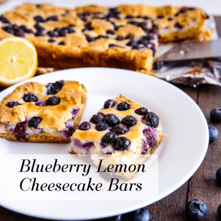 Food: Blueberry Lemon Cheesecake Bars - try this simple and delicious recipe! You'll have a hard time stopping at one piece. from www.thirtyhandmadedays.com