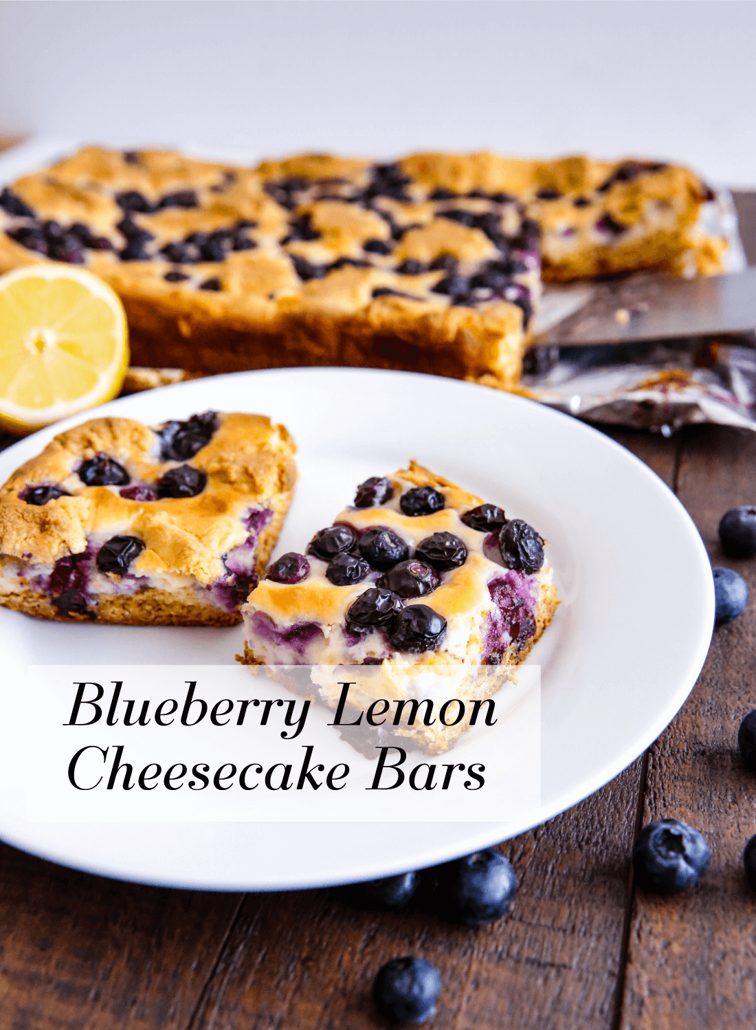 Food: Blueberry Lemon Cheesecake Bars - try this simple and delicious recipe! You'll have a hard time stopping at one piece. from www.thirtyhandmadedays.com