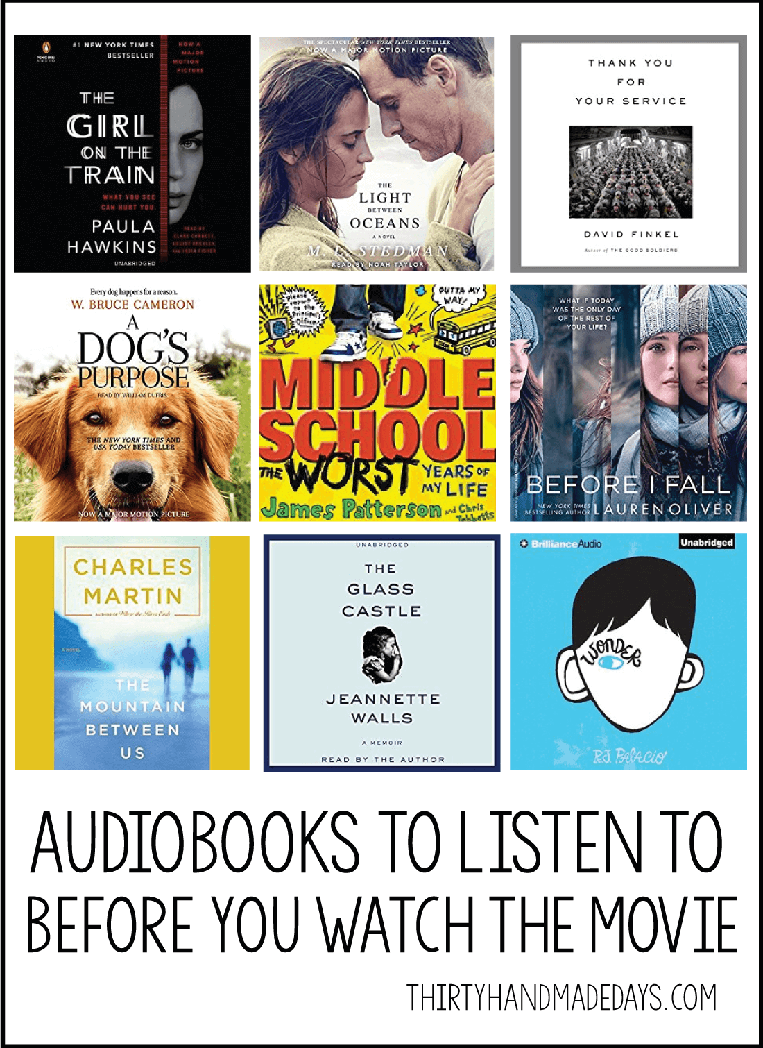 Audible Audiobooks to listen to before you see the movie- make sure to read/listen to these books before hitting the theater! www.thirtyhandmadedays.com