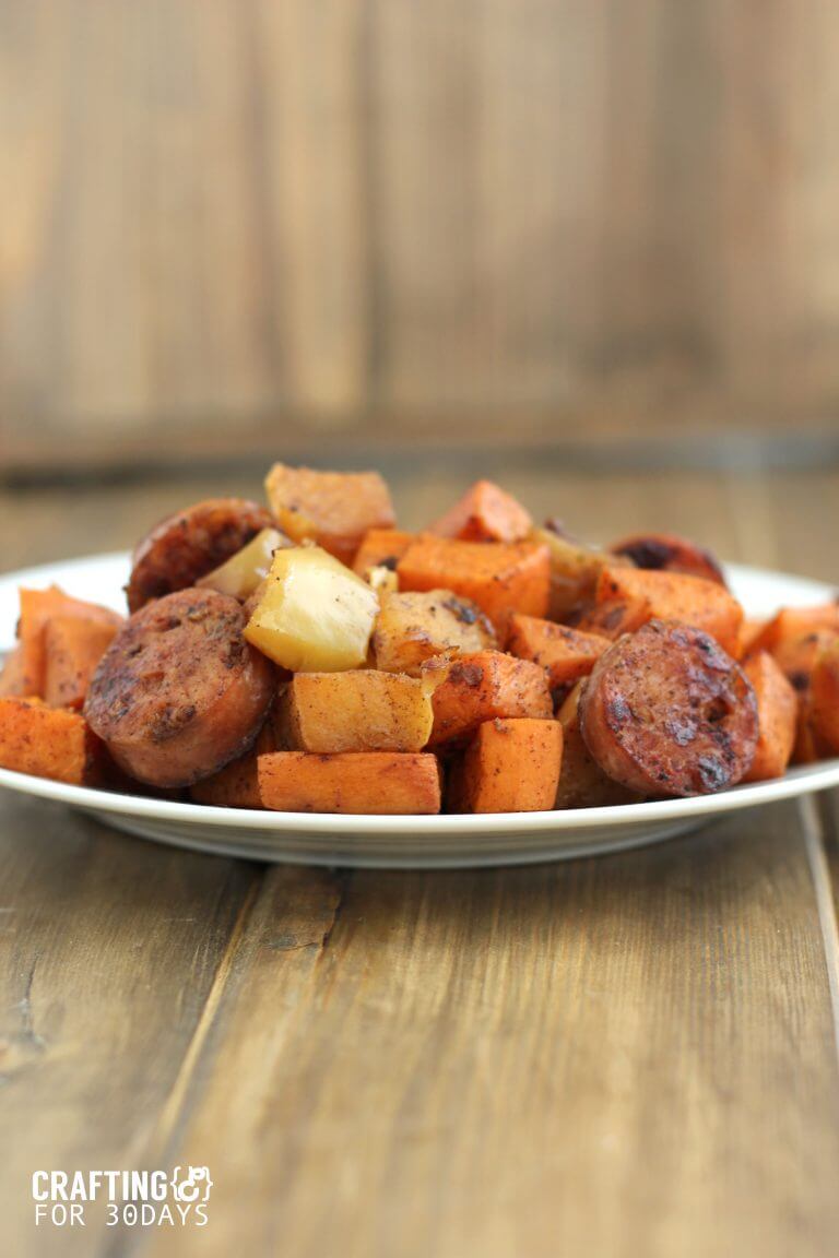 Delicious and Easy Apple, Sausage, Sweet Potato Skillet - this healthy side dish will be your new family favorite! via www.thirtyhandmadedays.com