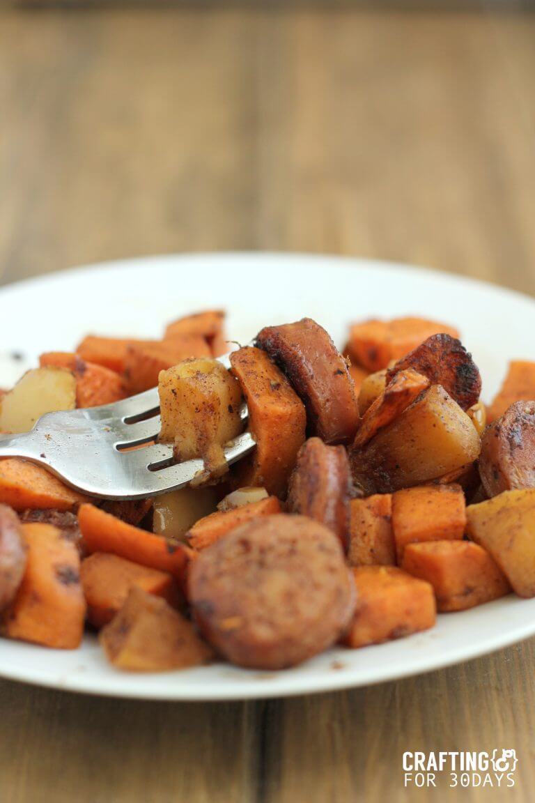 Delicious and Easy Apple, Sausage, Sweet Potato Skillet - this healthy side dish will be your new family favorite! from www.thirtyhandmadedays.com