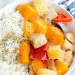 Easy and Healthy Sweet Hawaiian Crockpot Chicken - throw all the ingredients and you're set! from New Leaf Wellness via www.thirtyhandmadedays.com