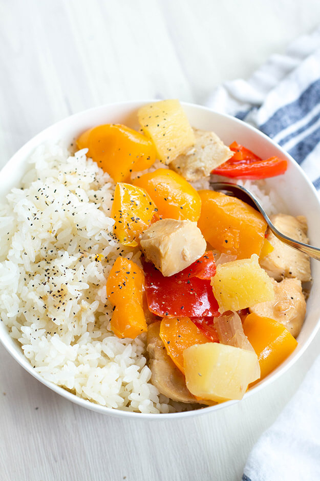 Easy and Healthy Sweet Hawaiian Crockpot Chicken - throw all the ingredients and you're set! from New Leaf Wellness via thirtyhandmadedays.com