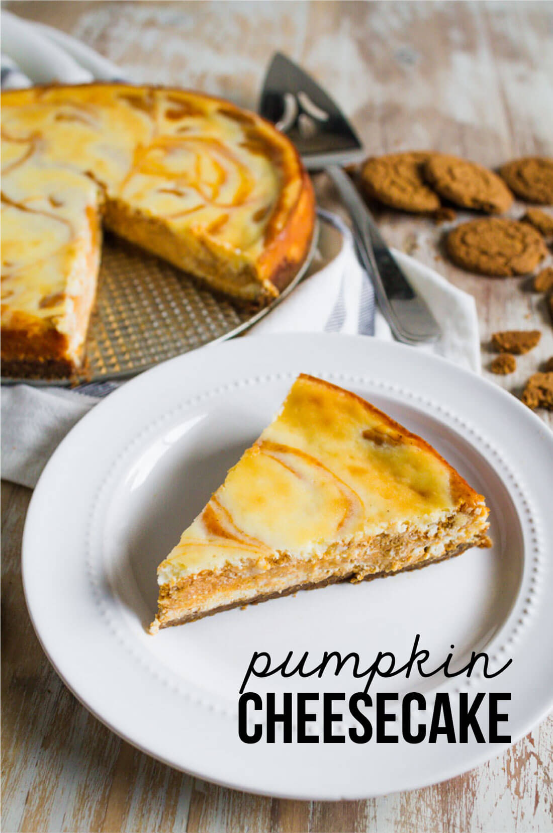 Marbled Pumpkin Cheesecake - this pumpkin cheesecake recipe has a little bit of a kick to it. So good!! www.thirtyhandmadedays.com