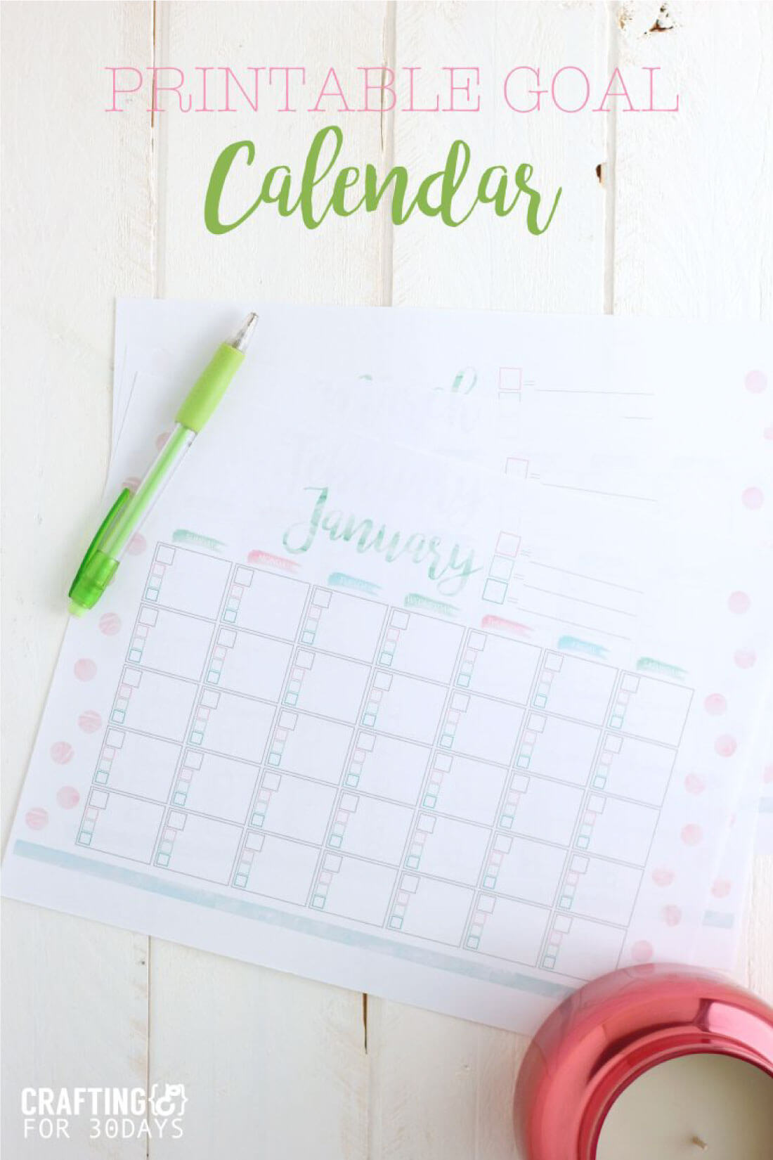 Free printable Goal Setting Calendar- use this to help accomplish all of your goals in the new year. via www.thirtyhandmadedays.com