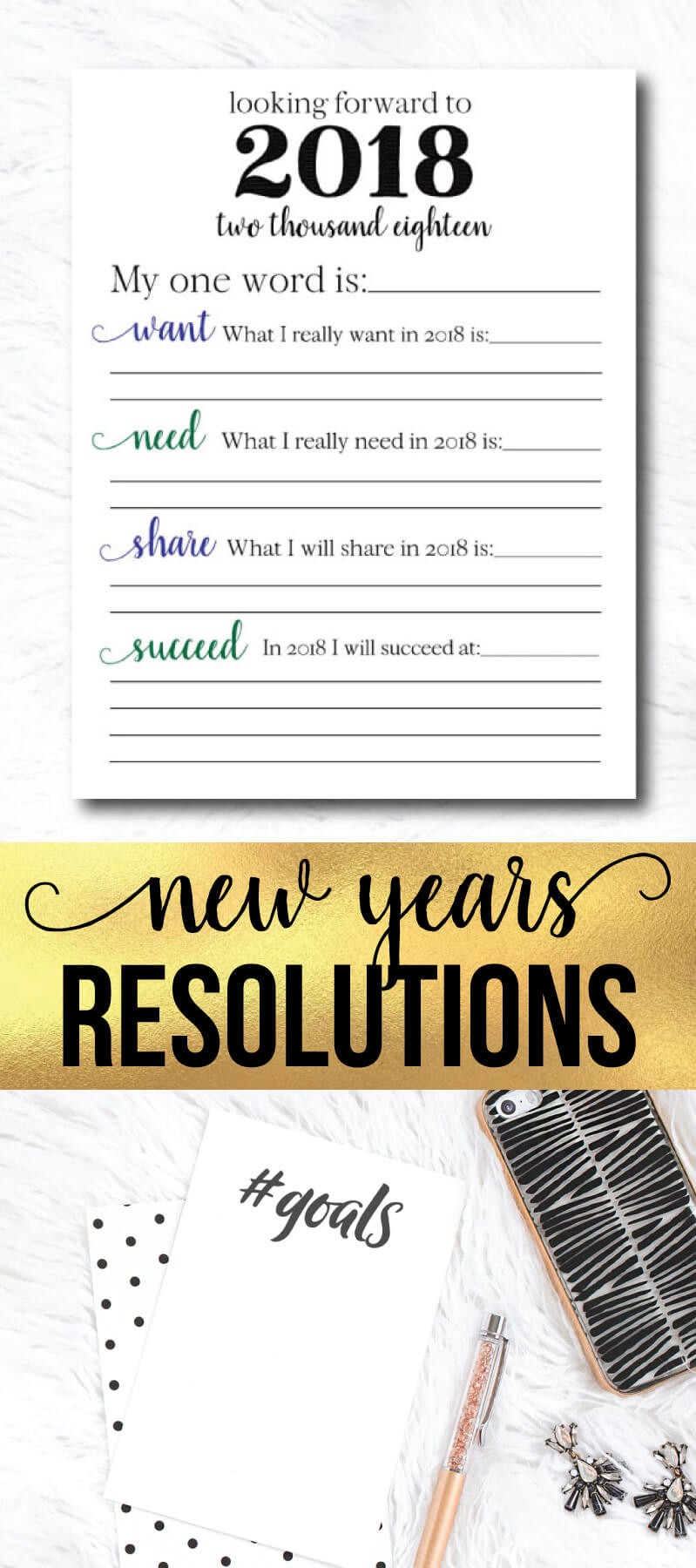 New Years Resolutions for YOU for 2018 - use these to write down your goals for the new year. Printable from www.thirtyhandmadedays.com