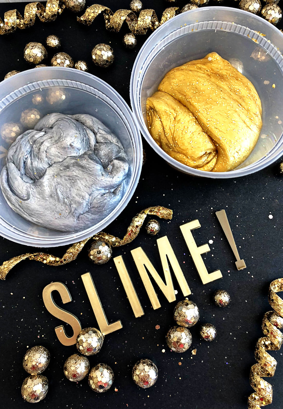 Silver and Gold Party Slime for New Years - make this pretty, sparkly slime to ring in the new year! 