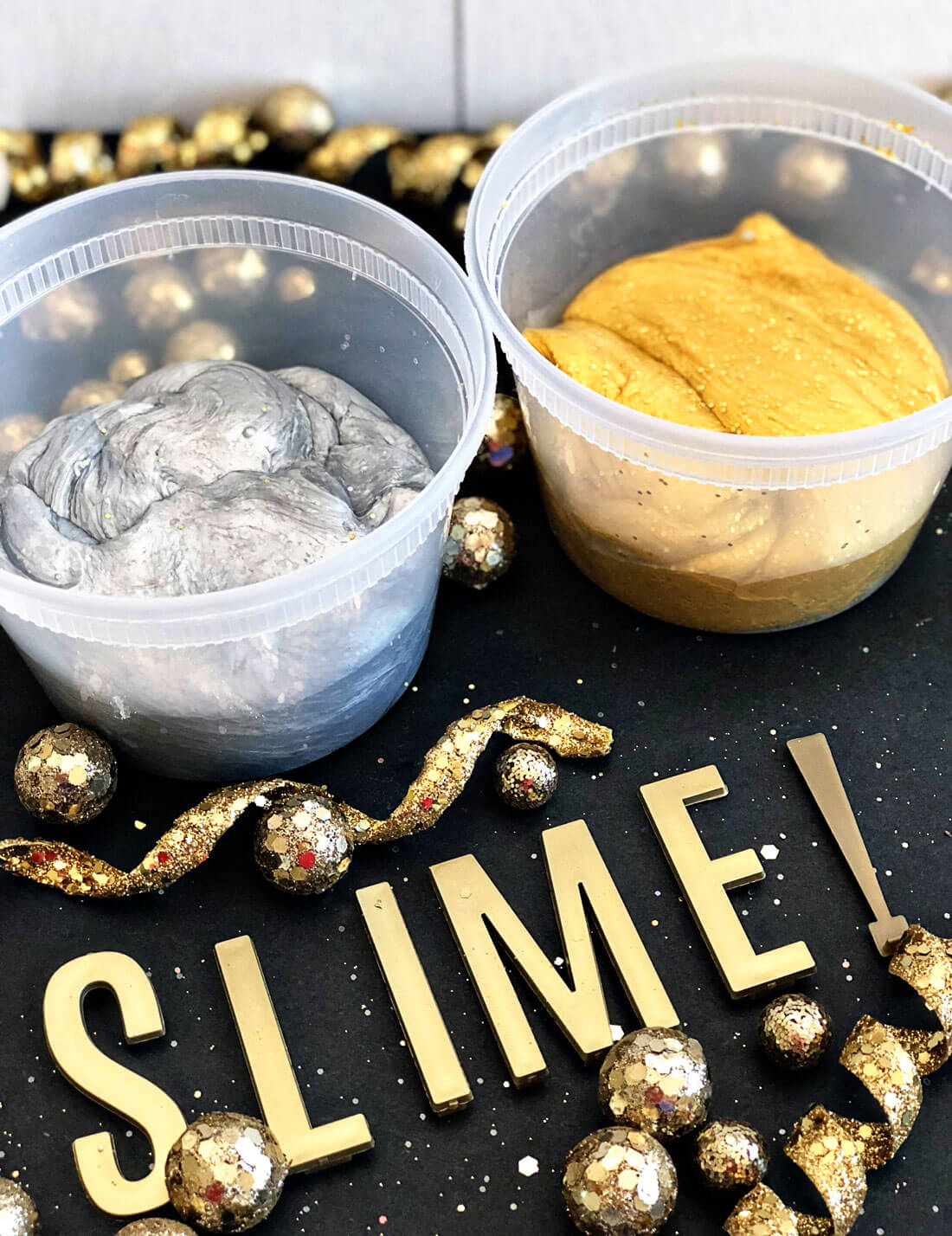 Silver and Gold Party Slime for New Years - make this pretty, sparkly slime to ring in the new year! thirtyhandmadedays.com