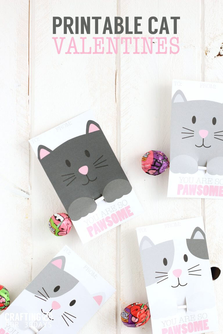 Free Printable Cat Valentine Day from CraftingE via www.thirtyhandmadedays.com