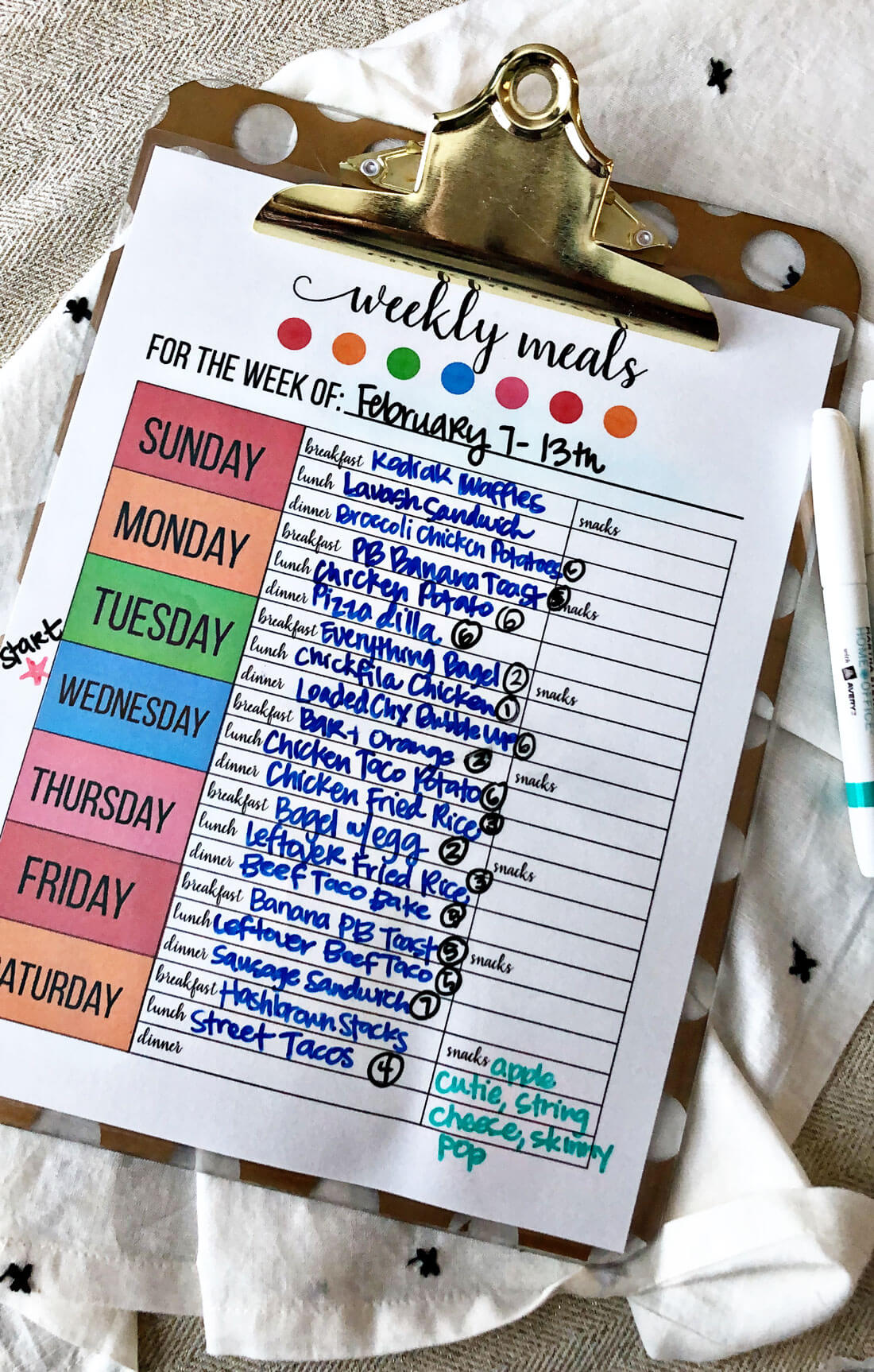 Printable Weekly Meal Planner - use this to get your calendar ready for meal prep. Filled in from www.thirtyhandmadedays.com