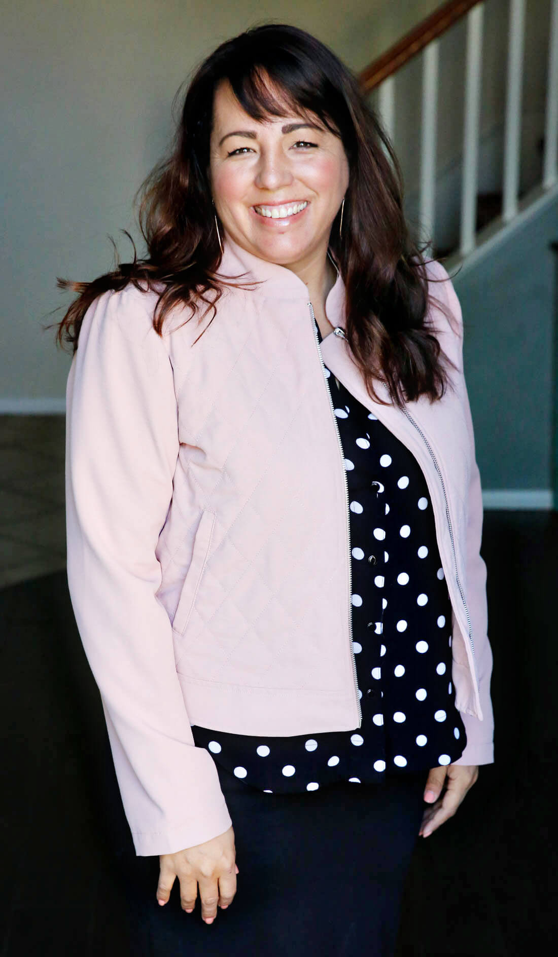 One more Stitch Fix Review - polka dot shirt and pink quilted bomber jacket