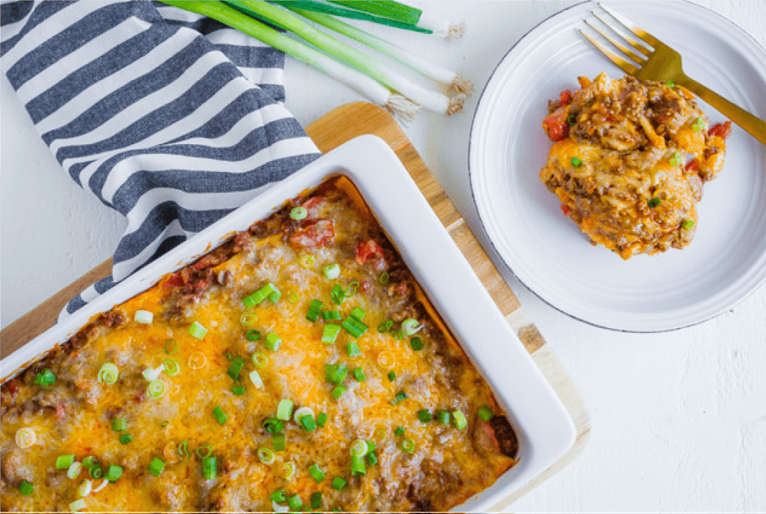 Mexican Lasagna - put two of your favorites together, pasta and Mexican food. Full pan with plate.