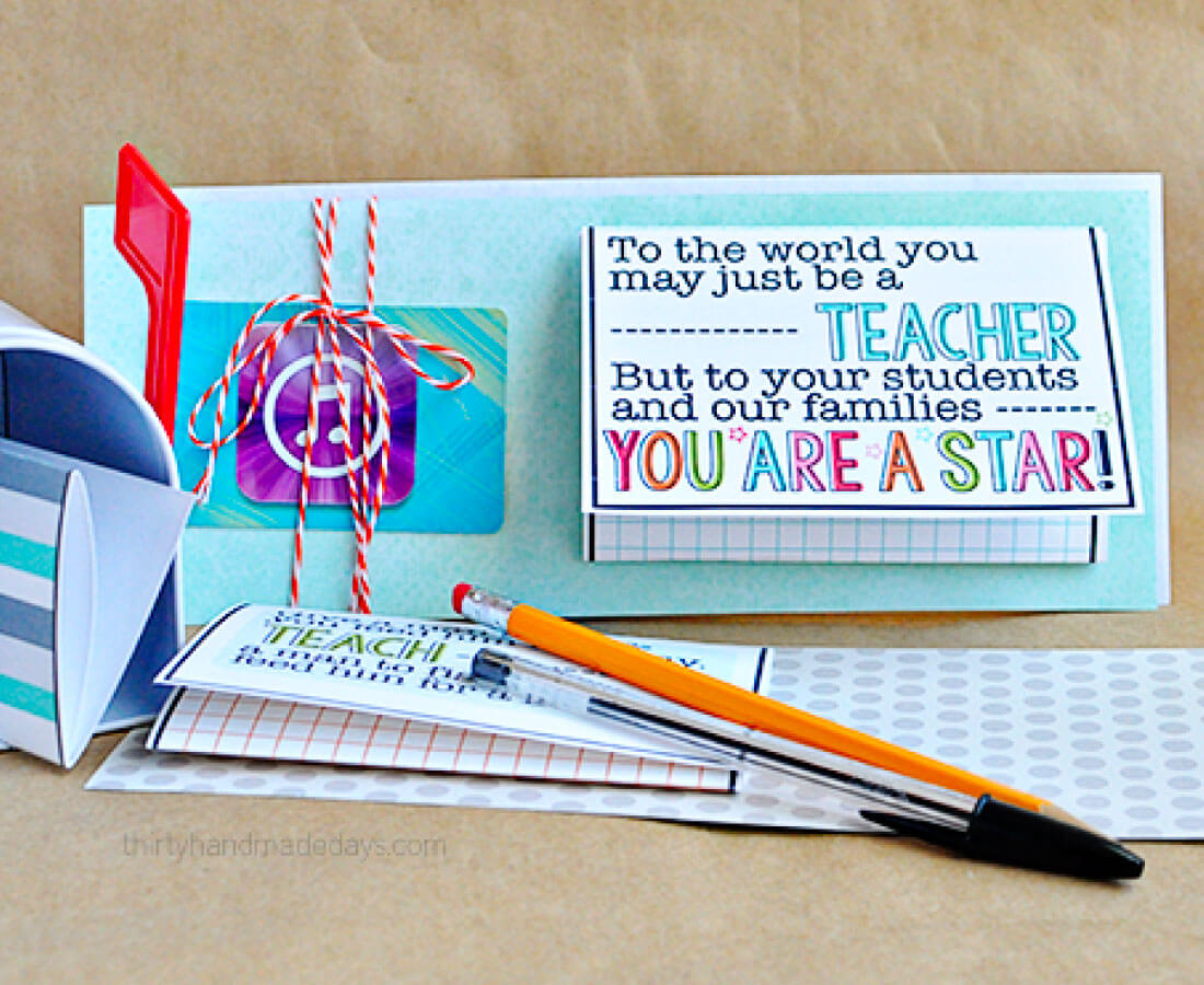 Teacher Appreciation Gifts - a whole bunch of ideas in one spot to help the teacher in you life feel special. Fill in gift card template.