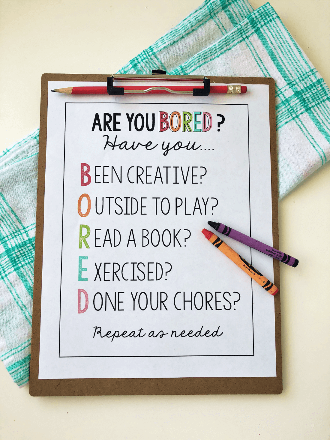 Things to Do When Bored- print out this sheet to use with your kids. www.thirtyhandmadedays.com